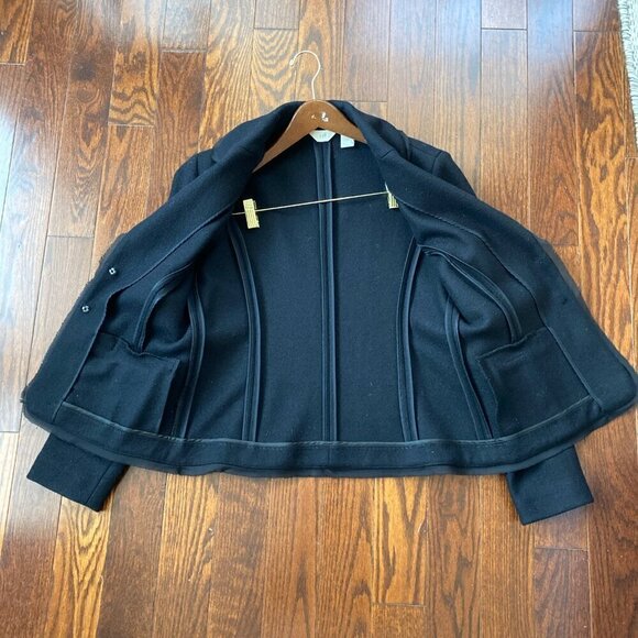 J. Jill Boiled Wool Blazer Black Size 8 Covered Buttons Sheer Trim Detail - Picture 3 of 14
